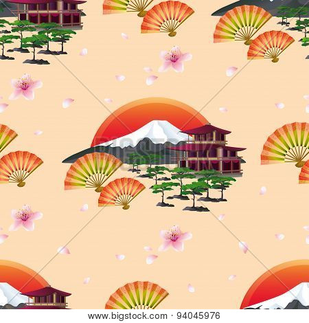 Japanese Abstract Background With Fans And Landscape