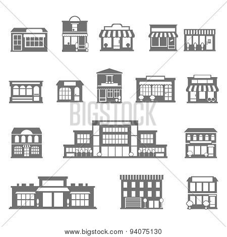 Stores and malls black white icons set