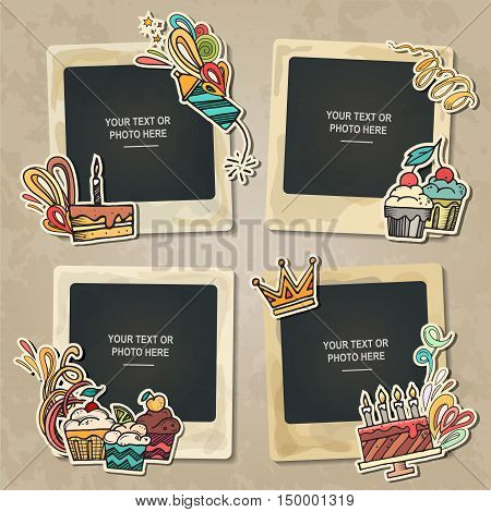 Collage photo frame on vintage background. Album template for kid, baby, family or memories. Scrapbook concept, vector illustration.