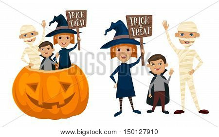 Halloween kids costumes mummies, vampire and witches are sitting in a pumpkin with sign Trick or Treat. Halloween pumpkin. Kids in Halloween festive design concept. Halloween concept. All Hallows Evening. Halloween costume. Isolated halloween kids.