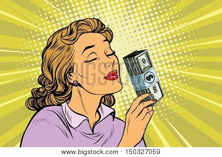 businesswoman smelling the scent of money, pop art retro vector illustration. Finance and business