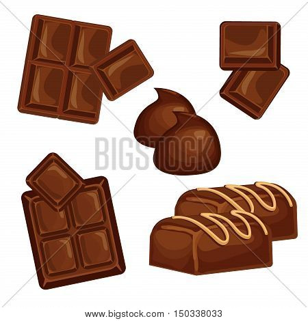 Chocolate bars and pieces vector set. Sweet brown candy chocolate gourmet delicious. Tasty ingredient sugar chocolate dessert food candy cocoa isolated. Chocolate dessert bar milk black eat design.