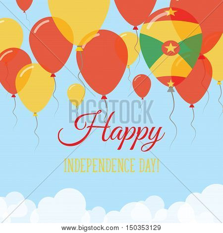 Grenada Independence Day Flat Greeting Card. Flying Rubber Balloons In Colors Of The Grenadian Flag.