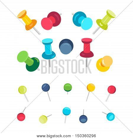 Set of push pins in different colors on white background. Office push pins symbols. Flat push pin clips. Head push pins. Thumbtacks. Pins stationery products. Needles and tacks. Vector illustration.