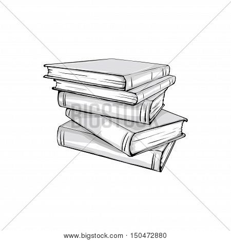 sketch of a stack of books. Opened and closed books stacked books and single book isolated on white background.