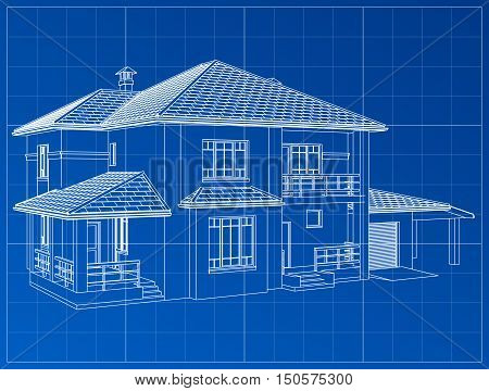 3D render of a building vector. The contours of houses on a blue drawing. EPS 10