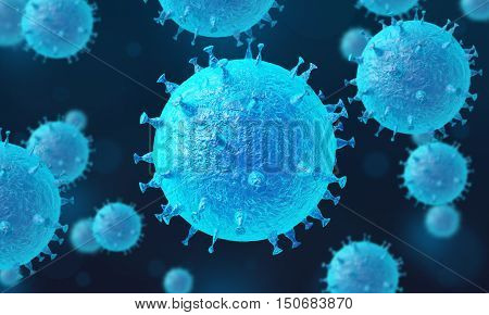 Group of viruses in infected organism. Virus cells selective focus. Bacteria cells high resolution science background. Blue virus on a dark background.