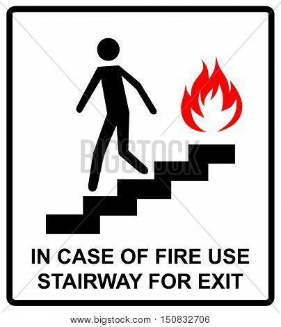 in case of fire use stairway for exit sign. man going on emergency exit. warning banner. vector symbol.