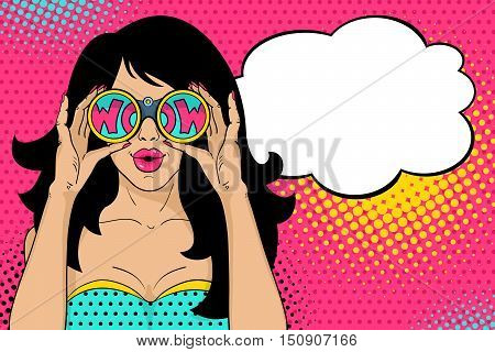 Wow pop art female face. Sexy surprised woman with open mouth holding binoculars in her hands with inscription wow in reflection and speech bubble. Vector colorful background in pop art retro comic style.