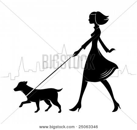 Girl walking a dog. Vector illustration.