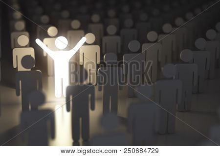 Stand out from the crowd, difference and leadership concept. Many people and a one glowing. 3d illustration