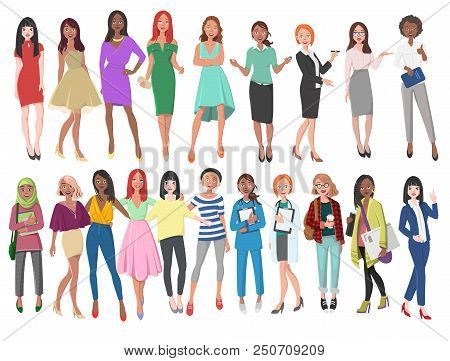 Vector Illustration Of Different Women In Dresses, Suits, Etc. Girls With Long Hair In Casual Clothe