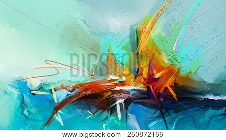 Abstract Colorful Oil Painting On Canvas Texture. Semi- Abstract Image Of Landscape Paintings Backgr