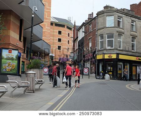 Rochdale, Lancashire, England - Juiy 20 2018: Shoppers In The Pedestrian Area Of Rochdale Town Centr