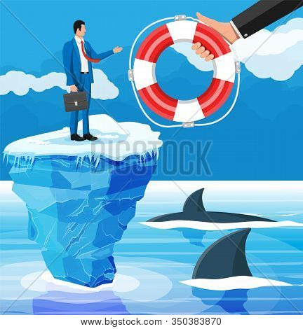 Desperate Businessman Floats On Iceberg Getting Lifebuoy. Helping Business To Survive. Help, Support