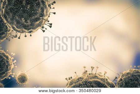 Close-up Of Virus Cells Or Bacteria. Flu, View Of A Virus Under A Microscope, Infectious Disease. Ge