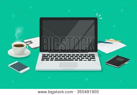 Computer Laptop With Blank Empty Screen For Copy Space Text On Workin Desk Table Or Workplace Vector