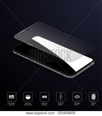 Screen Protector Glass. Vector Illustration Of Transparent Tempered Glass Shield For Mobile Phone.