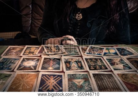 Spiritual Wicca Witch Reading Occult Mystic Old Tarot Cards Laying On Table For A Magical Pagan Ritu