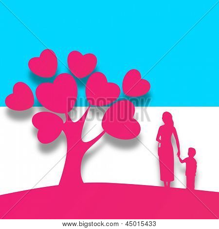 Happy Mothers Day background with pink silhouette a mother holding her child hand standing in front of love tree with heart leaves.