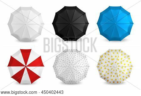 Top View Umbrella. Realistic Pool And Beach Sun Shade Mockup. Opened Waterproof Canopy. Blank Classi