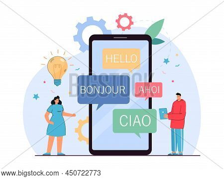 Online Translator App On Phone Screen Flat Vector Illustration. Tiny People Or Foreigners Using Appl