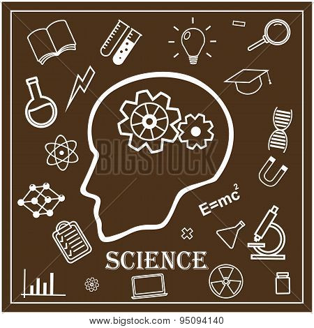 Human head and icons of science. Vector illustration in linear style.