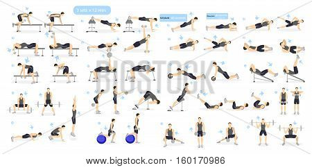 Workout man set. Male doing fitness and yoga exercises. Lunges and squats, plank and abc. Full body workout.