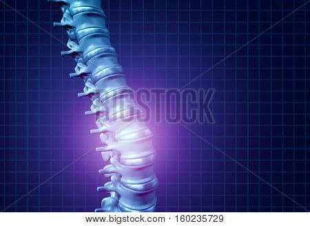 Back spine pain and human backache as a skeleton showing the spine and vertebral column in glowing highlight as a medical health care concept for spinal health and therapy as a 3D illustration.