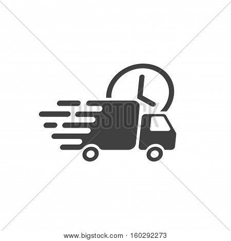 Delivery truck icon vector symbol, fast shipping cargo van, flat black and white style quick courier transportation isolated on white background