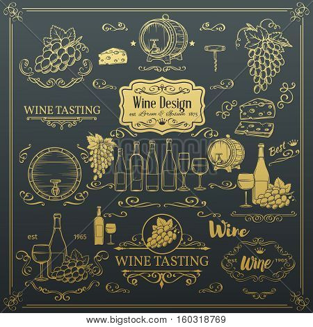 Decorative vintage wine icons. Golden design for wine shop. Vector design elements of wine and calligraphy swirl for the design of wine labels cards brochures.