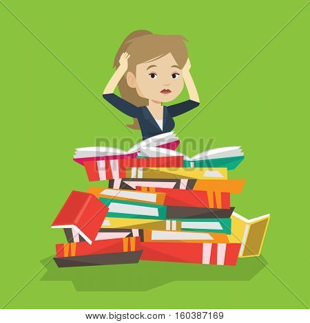 Caucasian student sitting in huge pile of books. Exhausted student preparing for exam with books. Stressed student reading books. Concept of education. Vector flat design illustration. Square layout.