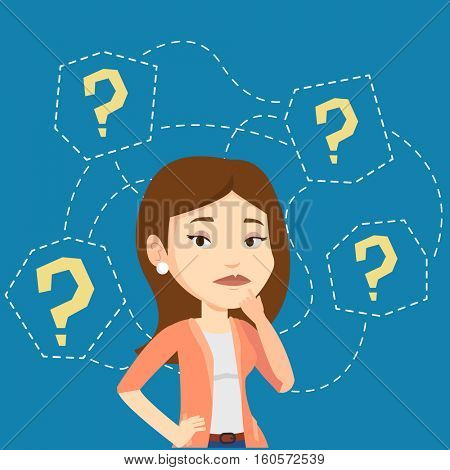 Thinking business woman standing under question marks. Young caucasian business woman thinking. Thinking business woman surrounded by question marks. Vector flat design illustration. Square layout.