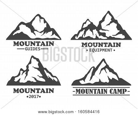 Exploration mountains with rocky peaks. Winter hills silhouette for tourism expedition travel, mountain isolated icons. For journey or travel agency, exploration hiker club, mountain climbing logo