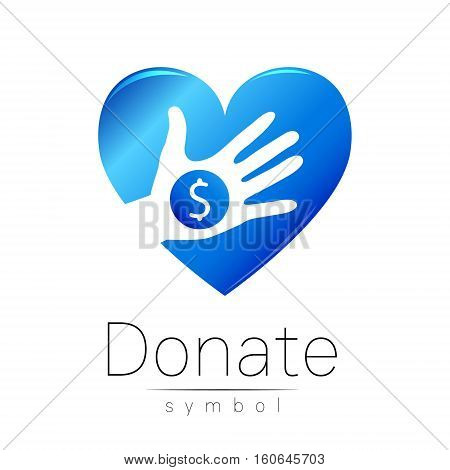 Donation sign icon. Donate money hand and heart. Charity or endowment symbol. Human helping. Icon on white background. Vector.Blue color. Concept.