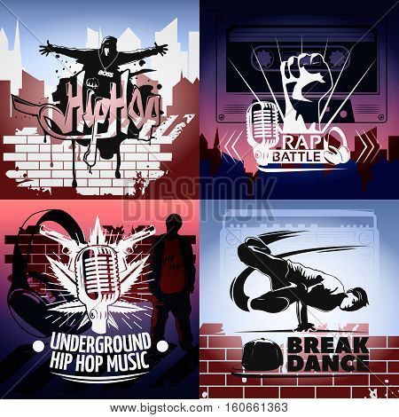 Four hip hop icon set with descriptions of rap battle underground hip hop music and break dance vector illustration