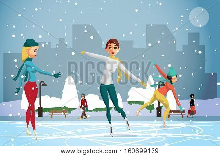 Winter sports. Figures Skating. Women skating at the rink in the day. Flat cartoon vector illustration