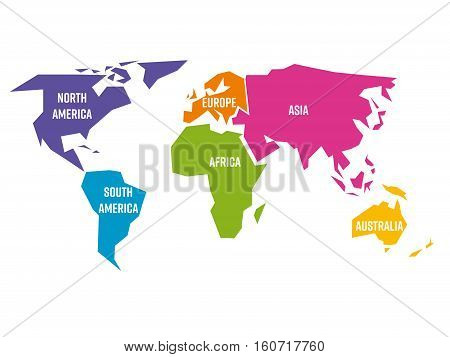 Simplified world map divided to six continents - South America, North America, Africa, Europe, Asia and Australia - in different colors, on white background and with white lables. Simple flat vector illustration.