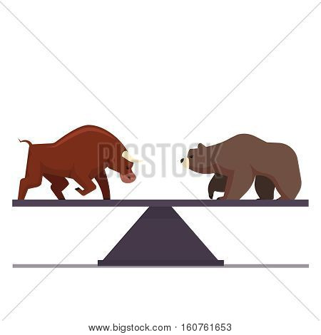 Stock market bulls and bears battle metaphor. Stock exchange trading business concept. Market equilibrium. Modern fat style vector illustration.