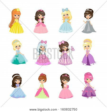 Set of princesses in evening gowns isolated. Elegant little girls in flat style. Fashionable ladies in dresses, fairytale costumes, magic fantasy fashion. Princess with crowns. Vector illustration