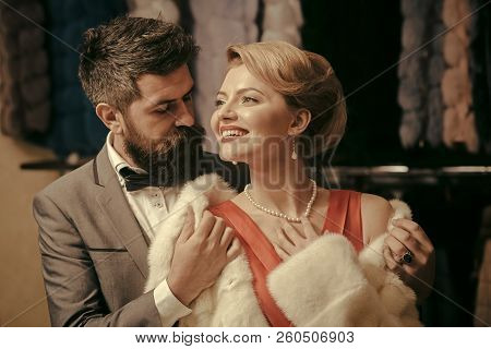 Fashion And Beauty, Winter, Fur. Date, Couple, Love, Man And Woman. Couple In Love Among Fur Coat, L