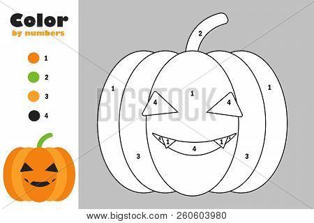 Pumpkin In Cartoon Style, Color By Number, Halloween Education Paper Game For The Development Of Chi