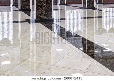 Marble Floor In The Luxury Lobby Of Office Or Hotel. Real Floor Tile Pattern With Reflections For Ba