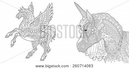 Coloring Pages. Coloring Book For Adults. Colouring Pictures With Unicorn And Pegasus Horse. Antistr