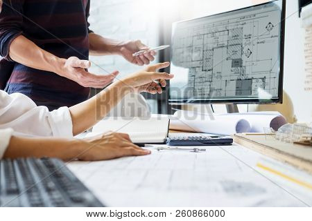 Professional Architect Designer Structural Engineer Team Colleagues Working Office Looking Computer 