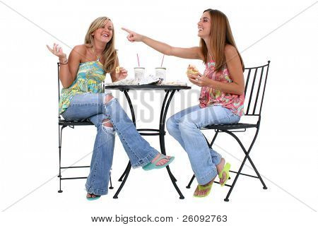 Two beautiful young woman having lunch together at small bistro table.  Laughing and pointing to the left.