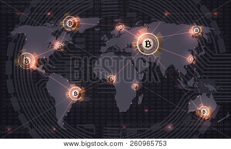 Global Bitcoin. Crypto Currency Blockchain Technology And World Map. Crypto Currency Trade Vector Ab