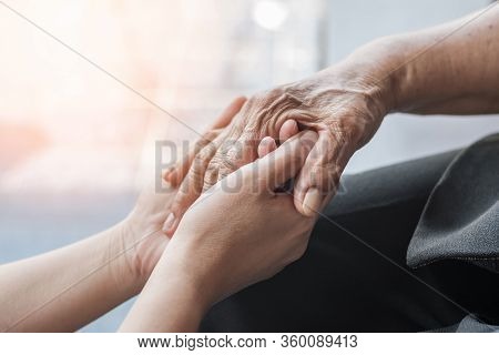 Parkinson Disease Patient, Alzheimer Elderly Senior, Arthritis Person Hand In Support Of Nursing Fam