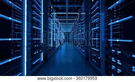 Server racks in computer network security server room data center. 3D render dark blue