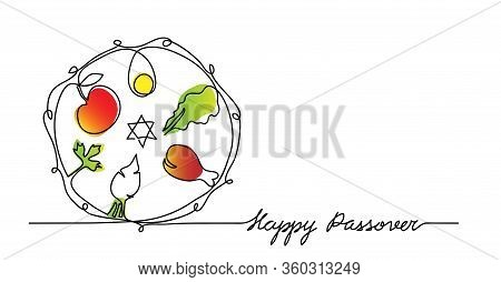 Jewish Seder Plate, Dish With Meal. Happy Passover Lettering, Holiday Pesach. Vector Illustration Of